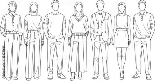 Group of seven diverse people in various fashion outlines: casual, business, and formal wear, representing modern clothing style, apparel design, and adult fashion vector illustration set.