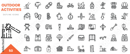 Collection of outdoor activity icons featuring various sports and hobbies, in modern outline style.