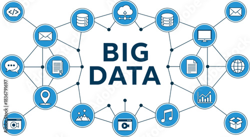Big Data concept vector illustration showing a network connecting database, cloud, programming, communication, location, and multimedia icons, representing information technology and analysis.