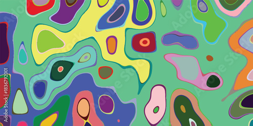 Colorful abstract organic shapes with flowing outlines and vibrant fill colors on a light green background, evoking a playful and artistic visual style
