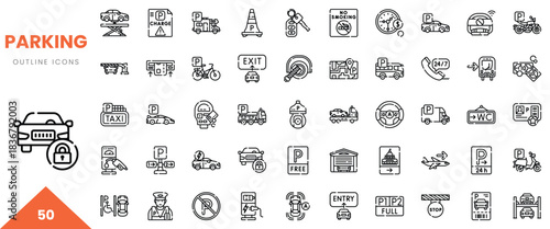Collection of outline icons related to parking, featuring vehicles and signage elements.