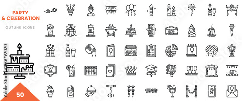 A collection of celebration icons including balloons, cake, and drinks in a minimalistic style.