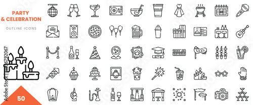 A variety of celebration and party-themed outline icons showcasing festive elements.