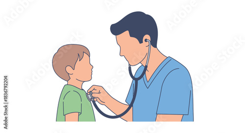 Doctor examining a young child with a stethoscope during a medical check-up.