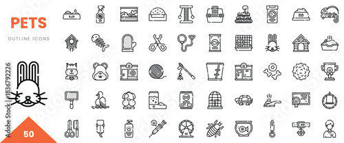 A collection of outline icons depicting various pet-related items and activities.