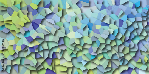 Textured abstract background with a mosaic of irregular polygonal shapes in cool tones of green, blue, and purple, featuring subtle shadows and depth