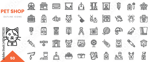 A collection of pet shop outline icons featuring various animals and pet care items.