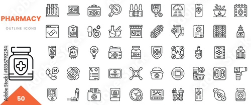 Collection of pharmacy outline icons representing various health and medication elements.