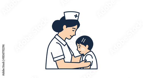 Caring Nurse Comforting a Sad Child with Gentle Touch.