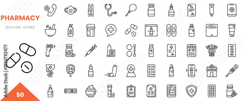 Collection of pharmacy outline icons including medicine, syringes, and health symbols.