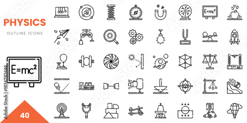 A collection of 40 physics outline icons, showcasing various scientific concepts and tools.