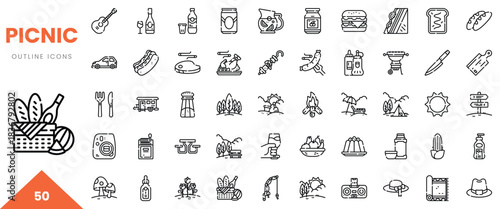 A collection of 50 outline icons showcasing picnic essentials like food, drinks, and outdoor items.