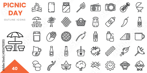 A collection of picnic-themed outline icons, perfect for outdoor dining and leisure activities.