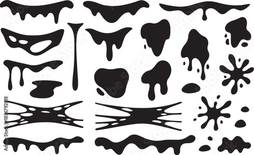 Halloween goo, mucus drips, sticky liquid sludge. Toxic phlegm blob, jelly texture, slimy snivel black and white 