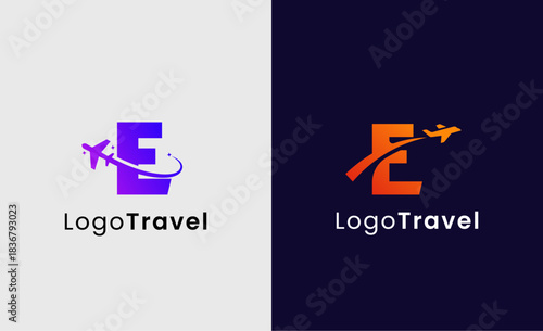 Collection Travel Logo Flight Airplane icon and Letter E, Travel agency illustration modern and minimalist concept.