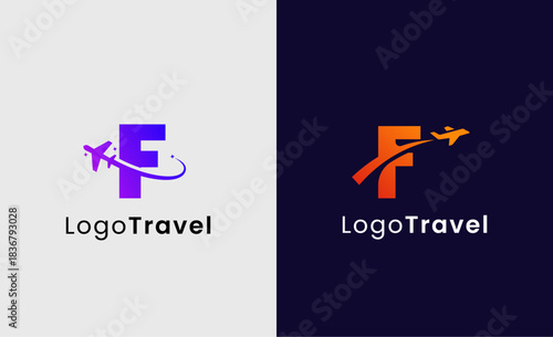 Collection Travel Logo Flight Airplane icon and Letter F, Travel agency illustration modern and minimalist concept.