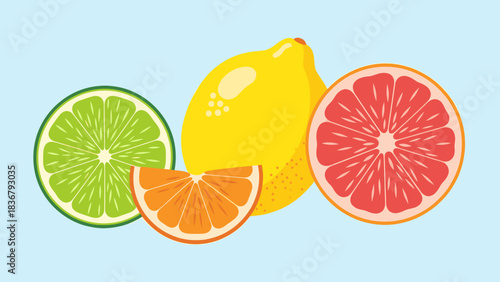 Vibrant Citrus Fruits Assortment: Lemon, Lime, Orange Slice, and Grapefruit Cross-Section on Bright Blue Background
