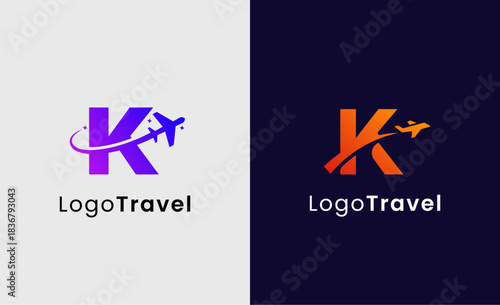 Collection Travel Logo Flight Airplane icon and Letter K, Travel agency illustration modern and minimalist concept.