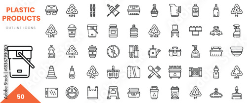 Illustration of various plastic products, featuring outline icons including containers and recyclable symbols.