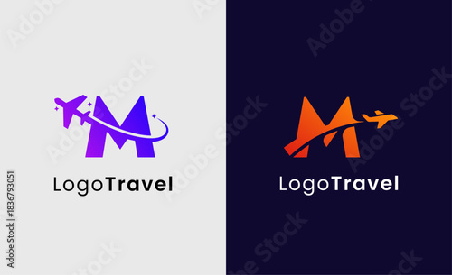 Collection Travel Logo Flight Airplane icon and Letter M, Travel agency illustration modern and minimalist concept.