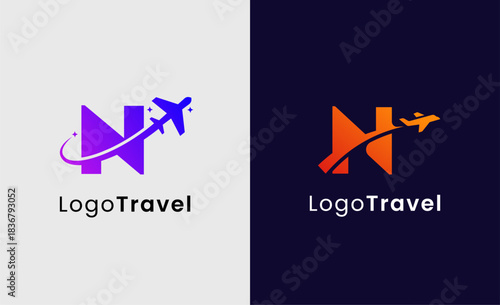 Collection Travel Logo Flight Airplane icon and Letter N, Travel agency illustration modern and minimalist concept.
