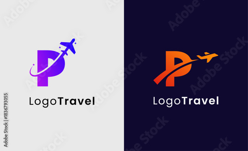 Collection Travel Logo Flight Airplane icon and Letter P, Travel agency illustration modern and minimalist concept.