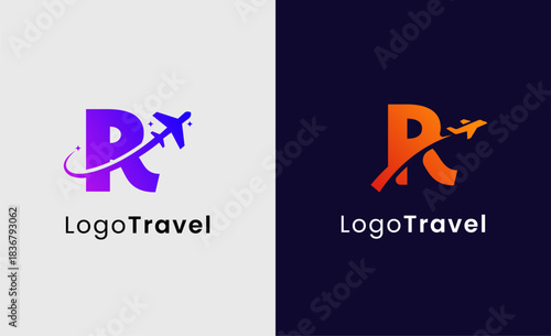 Collection Travel Logo Flight Airplane icon and Letter R, Travel agency illustration modern and minimalist concept.