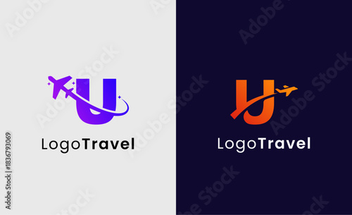 Collection Travel Logo Flight Airplane icon and Letter U, Travel agency illustration modern and minimalist concept.