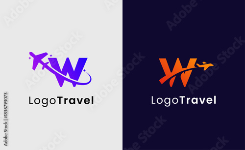 Collection Travel Logo Flight Airplane icon and Letter W, Travel agency illustration modern and minimalist concept.