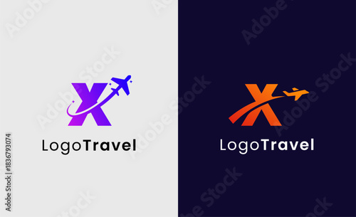 Collection Travel Logo Flight Airplane icon and Letter X, Travel agency illustration modern and minimalist concept.