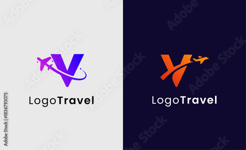 Collection Travel Logo Flight Airplane icon and Letter V, Travel agency illustration modern and minimalist concept.