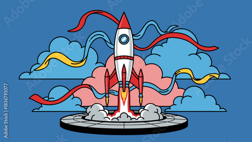 Vibrant Rocket Launch Illustration: Symbol of Business Startup, Innovation, and Growth on Blue Background