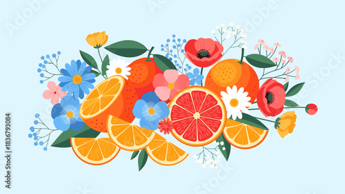 Vibrant Citrus Fruits & Colorful Wildflowers Arrangement on Light Blue Background, Flat Vector Illustration