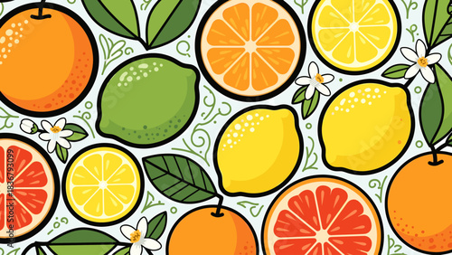 Vibrant Citrus Fruit Pattern: Fresh Orange, Lemon, Lime, Grapefruit Illustration with Leaves and Blossoms