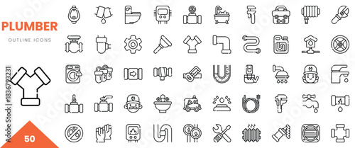 Set of 50 plumbing outline icons, showcasing various plumbing tools and equipment in a minimalist style.