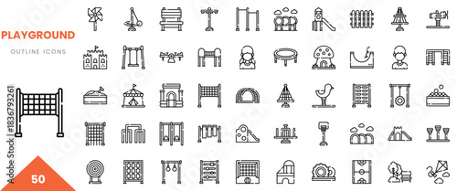 Collection of playground outline icons, featuring various play structures and activities.