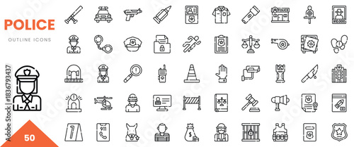 A collection of police-related outline icons showcasing various elements of law enforcement.