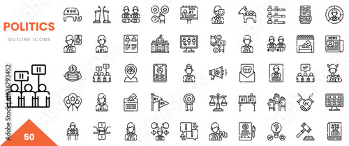 Collection of outline icons related to politics, featuring diverse symbols and figures representing governance.