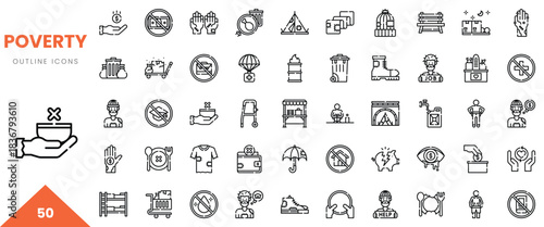 A collection of 50 outline icons representing themes related to poverty and social issues.