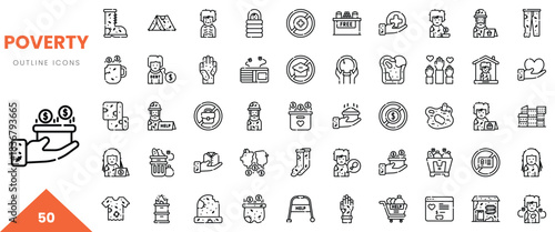 An array of 50 outline icons symbolizing poverty, including support, donations, and community aid.