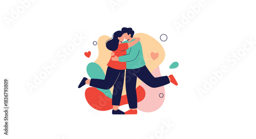 A joyful cartoon couple in a loving embrace, celebrating their relationship with abstract colorful shapes and hearts in the background.