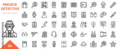 Collection of private detective outline icons featuring tools, symbols, and professions related to investigation.