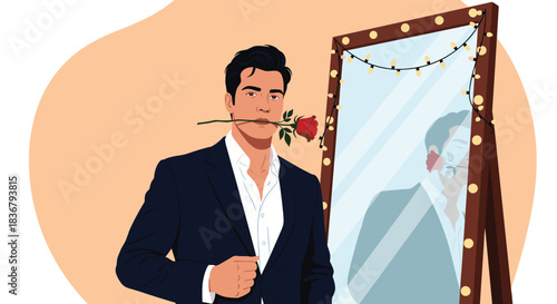 A handsome and confident man in a suit holding a red rose in his mouth while looking at his reflection in a vanity mirror.