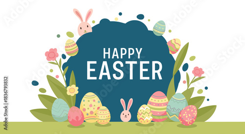 A cheerful Happy Easter greeting card banner with cute bunnies, colorful painted eggs, and spring flowers on a green and white background.
