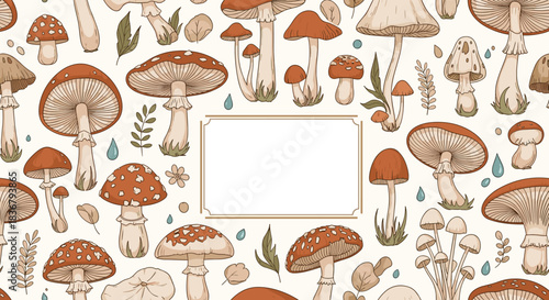 A vintage-style botanical background with hand-drawn mushrooms and a central rectangular frame for text, perfect for invitations.