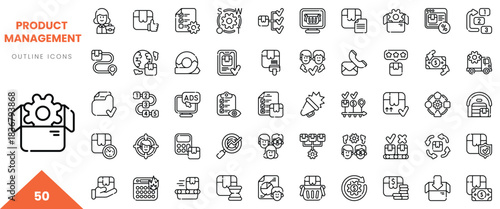 Set of outline icons representing product management concepts in a clean and modern style.