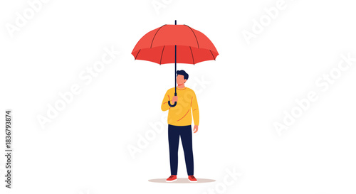 A minimalist illustration of a man in a yellow sweater and blue pants standing alone while holding a large, open red umbrella.