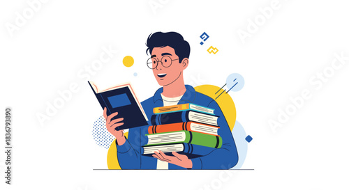 An enthusiastic young male student with glasses happily reading a book while holding a large stack of colorful books for study.