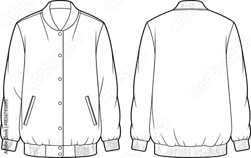 Technical flat sketch of bomber jacket, button closure welt pocket ribbed cuff waistband design, fashion template, garment construction drawing, apparel illustration, vector outline