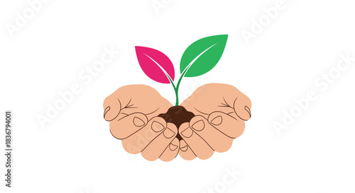 A pair of cupped hands gently holding a mound of soil with a small, new sprout, symbolizing growth, nature, and new beginnings.